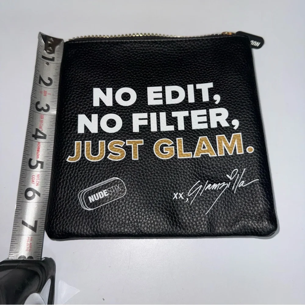 Nudestix Cosmetic Bag Black Pebbled Faux Leather Embroidery and lanyard